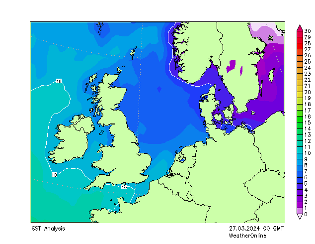 北海 SST 星期三 27.03.2024 00 UTC