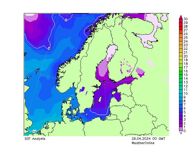 波罗的海 SST 星期五 26.04.2024 00 UTC
