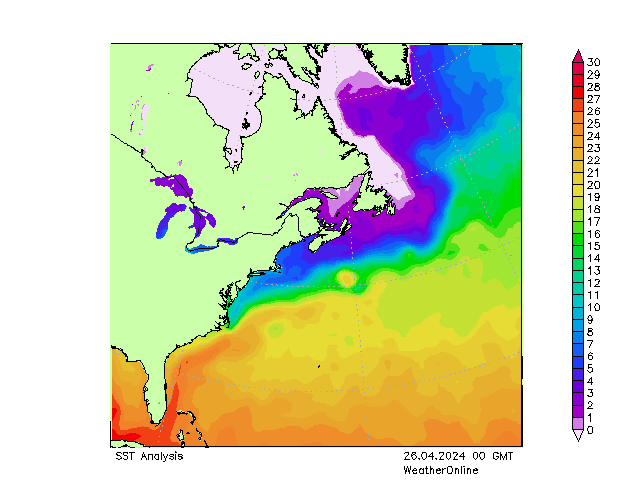 Atlantic Ocean SST 星期五 26.04.2024 00 UTC