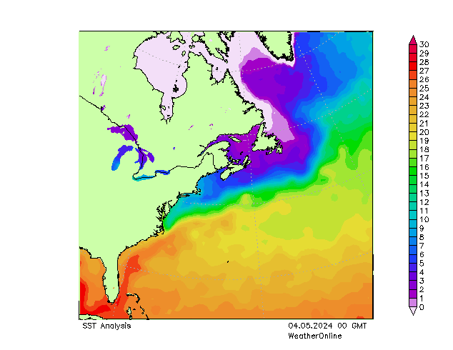 Atlantic Ocean SST 星期六 04.05.2024 00 UTC
