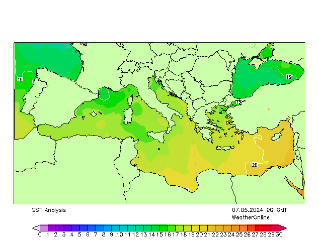 地中海 SST 星期二 07.05.2024 00 UTC