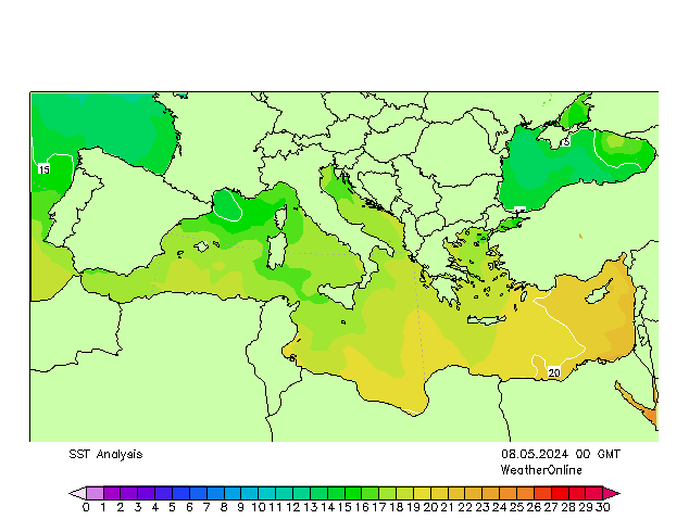 地中海 SST 星期三 08.05.2024 00 UTC