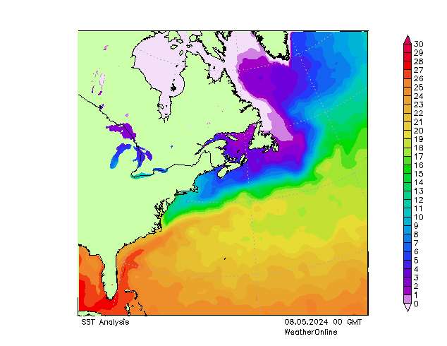 Atlantic Ocean SST 星期三 08.05.2024 00 UTC