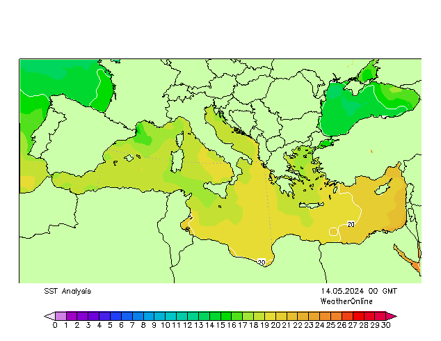地中海 SST 星期二 14.05.2024 00 UTC