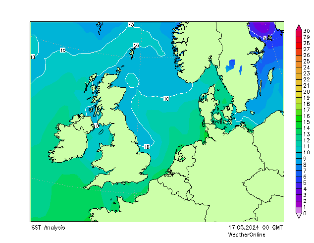 北海 SST 星期五 17.05.2024 00 UTC