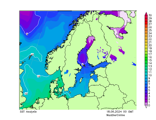 波罗的海 SST 星期六 18.05.2024 00 UTC