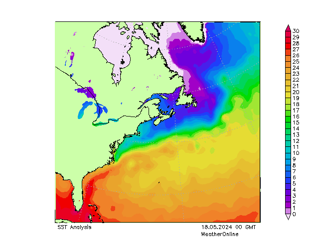 Atlantic Ocean SST 星期六 18.05.2024 00 UTC