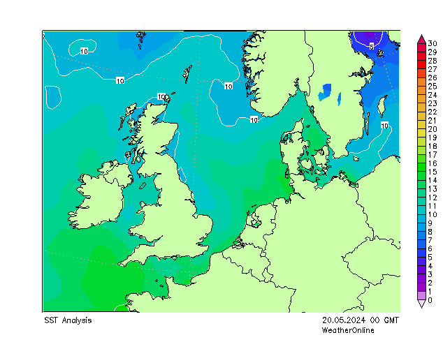 北海 SST 星期一 20.05.2024 00 UTC