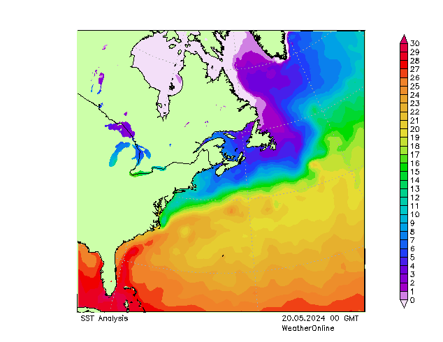 Atlantic Ocean SST 星期一 20.05.2024 00 UTC