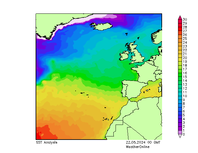 Atlantic Ocean SST 星期三 22.05.2024 00 UTC