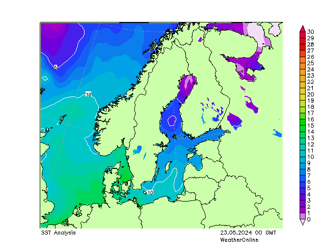 波罗的海 SST 星期四 23.05.2024 00 UTC
