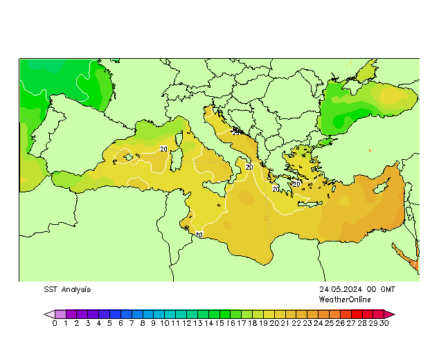 地中海 SST 星期五 24.05.2024 00 UTC