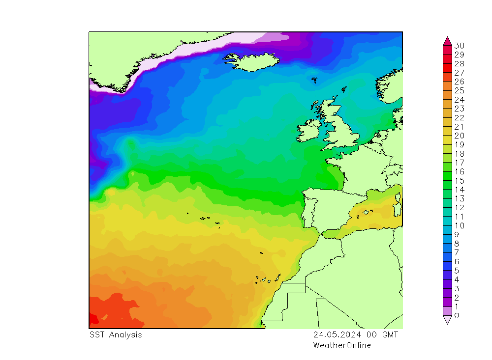 Atlantic Ocean SST 星期五 24.05.2024 00 UTC