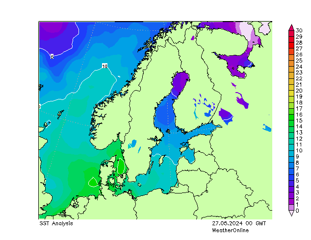 波罗的海 SST 星期一 27.05.2024 00 UTC