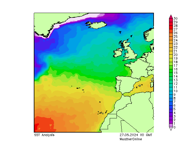 Atlantic Ocean SST 星期一 27.05.2024 00 UTC