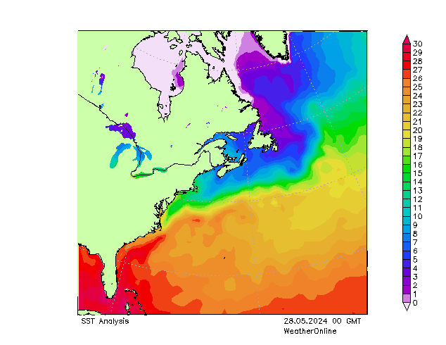 Atlantic Ocean SST 星期二 28.05.2024 00 UTC