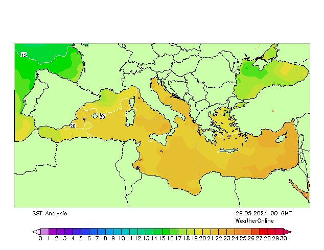 地中海 SST 星期三 29.05.2024 00 UTC