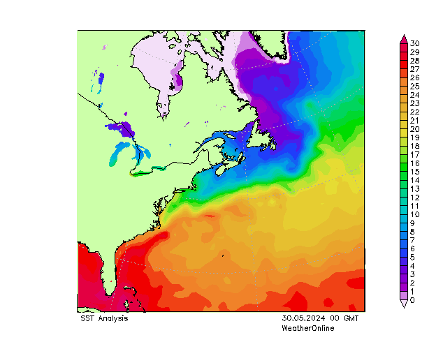 Atlantic Ocean SST 星期四 30.05.2024 00 UTC