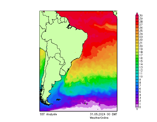 Atlantic Ocean SST 星期五 31.05.2024 00 UTC