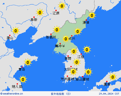 紫外线指数 朝鲜 亚洲 预报图