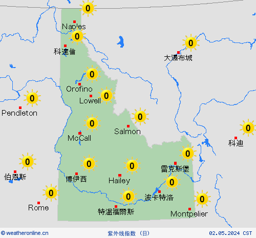 紫外线指数 爱达荷州 北美洲 预报图